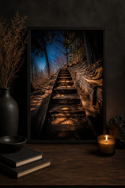 Where the Path Rises | Woodland Stairway Photography Print
