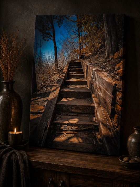 Where the Path Rises | Woodland Stairway Photography Canvas