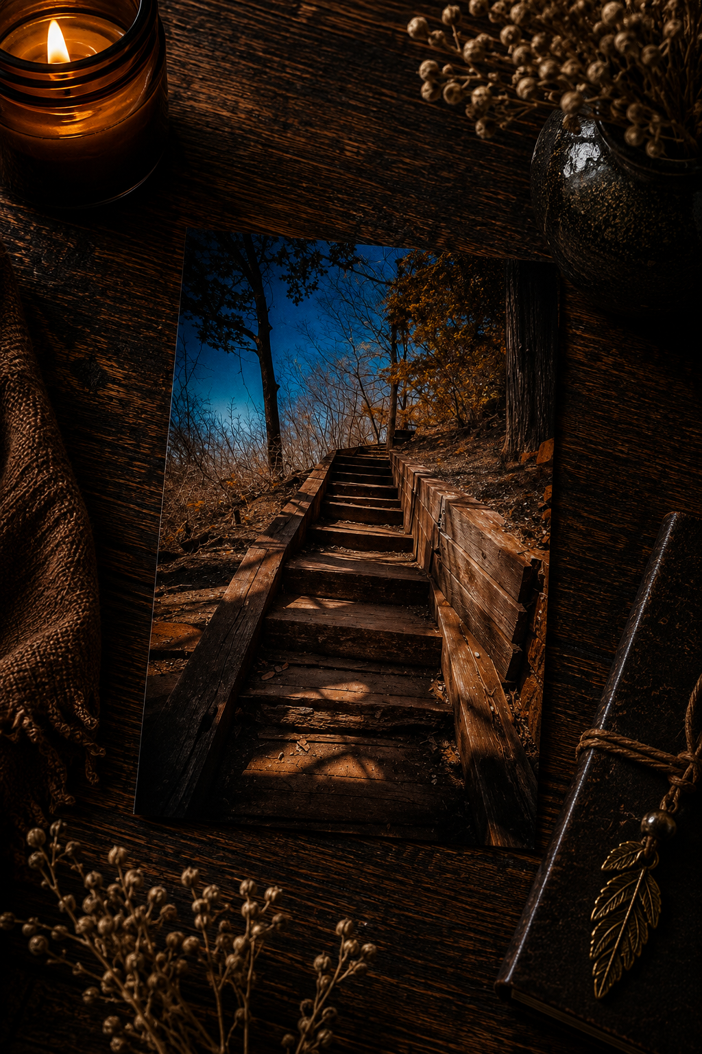 Where the Path Rises | Woodland Stairway Photography Postcard