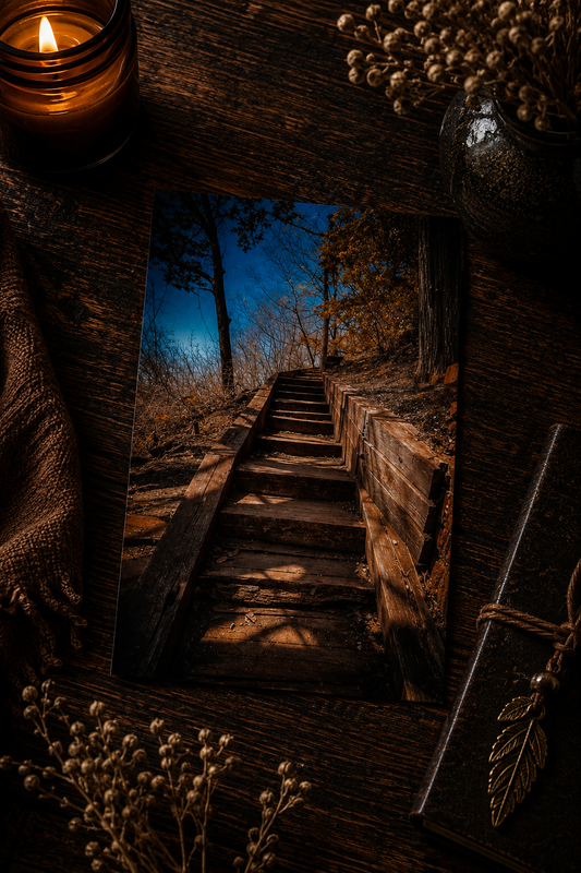 Where the Path Rises | Woodland Stairway Photography Postcard